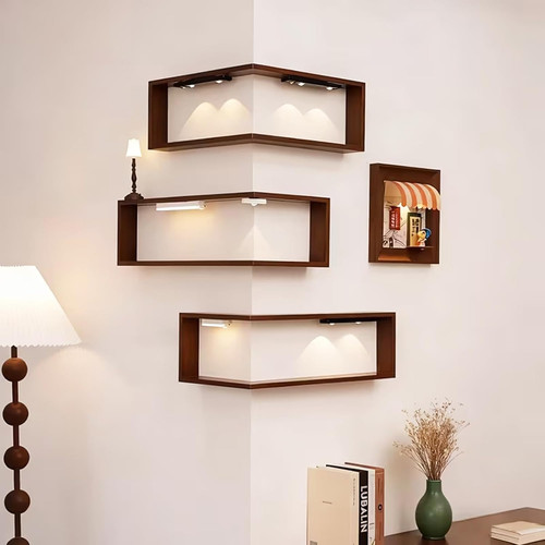 Walnut brown corner shelf set - corner,