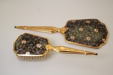 Dressing Table Vanity Mirror And Brush Set Vintage Black with embroidery