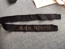 ORIGINAL HMS HERON DOT ROYAL NAVY  UNIFORM 1940s CAP NAME TALLY FLEET AIR ARM
