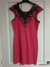 LIPSY FUCHSIA HOT PINK EMBELLISHED BLACK SEQUIN BEAD TRIM STRETCHY SHIFT DRESS
