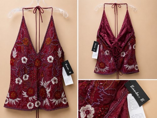 Embroidered beaded halter top - embroidered,