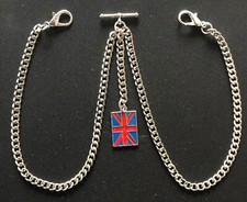 Dbl Albert Pocket Watch Chain with  enamel union jack Fob,silver colour 4 sizes