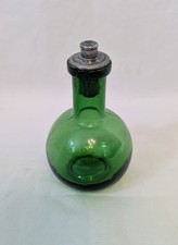 Vintage Antique Miniature Bulbous Green Glass Bottle. Metal Screw Dropper Top.