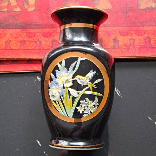 Chokin black ceramic vase - ceramic, gold