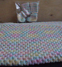 Hand Knitted Babys Blanket 27 x21 Inches Plus  Booties and Mittens Set