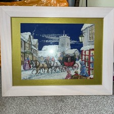 Framed Cross Stitch Victorian Christmas horse and carriage scene