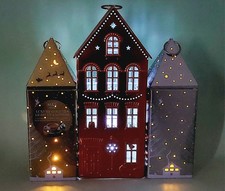 3 Christmas Light Up House Biscuit Tins M&S Empty Copper Silver Gold Colours 