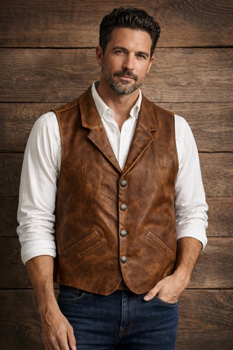 Brown genuine leather vest - brown,