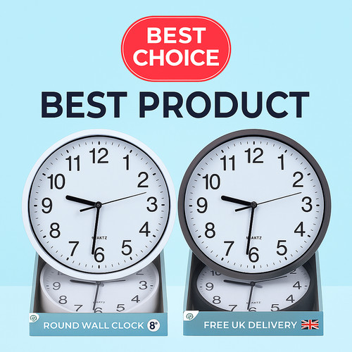 Round wall clock - 8''round, clock-battery