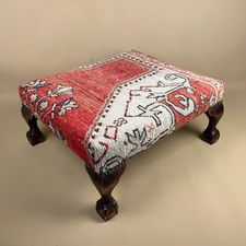 Antique Wooden Stool Upholstered Carpet Kilim Wood Cottage Furniture Studded
