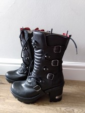 New Rock Boots Black Buckle Heel Calf High Metal Rock Biker Goth Alt 41 7 7.5