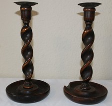 Antique Primitive Set 2 English Oak Wood Barley Twist Candlestick Metal Cups