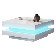 Square Coffee Table White High Gloss Wooden Centre Tea Table with LED RGB Lights