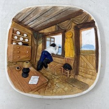 Vintage Chalkware 3D Wall Plaque Plate - Fisherman Window Watching