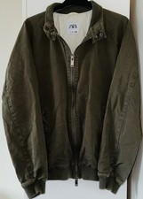 ZARA Men’s Bomber Jacket Large Khaki Cotton Twill Zip Up Lightweight Casual
