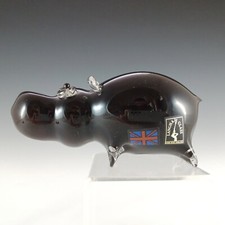 MARKED Langham Vintage Black Glass Hippo Sculpture
