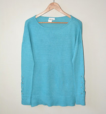 EX H & M TURQUIOSE TIGHT KNIT ROUND NECK OVERSIZED JUMPER SIZE LARGE-X-LARGE