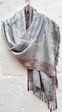 PASHMINA - Grey + Mauve Paisley Luxurious Pure Cashmere Woven Wrap  68"/27"