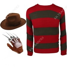FREDDY KRUEGER BURENT MAN COSTUME HAND CLAW HAT & STRIPPED JUMPER FANCY DRESS