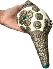 TIBETAN BUDDHIST CONCH SHELL RITUAL TRUMPET KATHMANDU NEPAL 8 AUSPICIOUS SYMBOLS