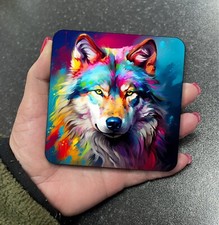 Stunning Cute Wild Wolf Painting Square Coaster Mat Tea Coffee Gift Set P24