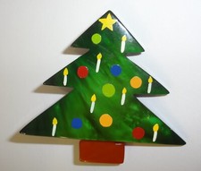 Signed MARIE-CHRISTINE PAVONE Galalith Colorful Christmas Tree Brooch Pin