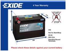 Battery fits MITSUBISHI L200 2.0 2.2D 2.5D 2.8D 1986 on Exide 250 800A 95Ah New