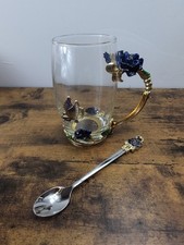 Peroptimist Flower Glass Tea Mug w Spoon Enamel Rose Butterfly Hot Cold Beverage