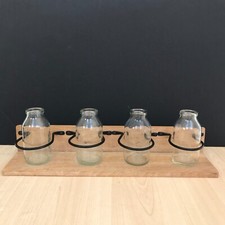 Milk Bottle Vases Wall Shelf Display Unit in Glass Wood & Metal 38cm Long