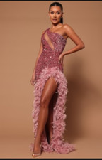 Show-Stopping Rose Pink Sequin & Feather Evening Gown – Size 14