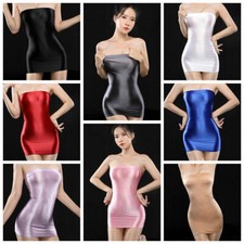 Women Semi-Sheer Shiny Satin Bodycon Dress Cocktail Lingerie Tube Top Mini Dress