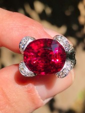 Vintge Natural 9.3cts Rubellite Tourmaline & Diamond Statement Ring 18ct Gold