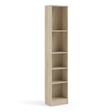 Tall Narrow Bookcase with 4 Shelves - Slim Storage Unit - White, Oak