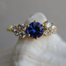 Round Cut Blue Sapphire Diamond Engagement Wedding Ring 14K Yellow Gold Finish