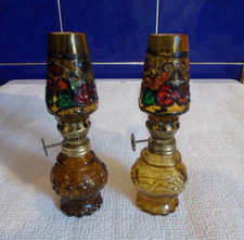 Vintage Amber Glass Oil Lamps x 2 with Chimneys and Wicks