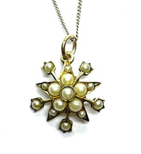 Small Antique Victorian Sterling Silver  Seed Pearls Starburst Pendant Necklace