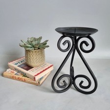 Wrought iron candleholder pillar scrolls Black Tristand 17.5cm