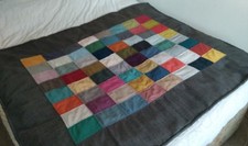 Patchwork coverlet, large lap quilt, tweed/wool blend, geometric design, weighty
