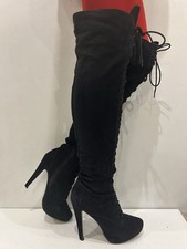 Bershka Black Suede Over Knee Lace Up/Zip Boots Steampunk Victorian Goth Uk5