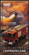 MERCEDES-BENZ ACTROS Fire Truck & BELL UH-1H Helicopter Firefighting Stamp #274