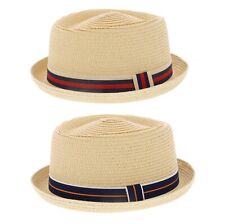 Summer Lightweight Straw Pork Pie Striped Band Hat 57cm 59cm 61cm Mens Adults