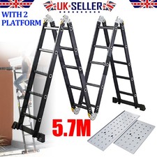 5.7M Folding Ladder Aluminium Multi-Purpose Extendable With 2 Scaffold Platform