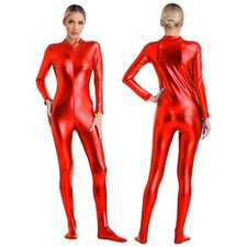 Women Shiny Metallic Unitard Long Sleeve Catsuit Jumpsuit Performance Dancewear