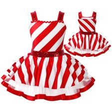 Girls Christmas Costume Sleeveless Shiny Sequins Striped Twirling Leotard Dress