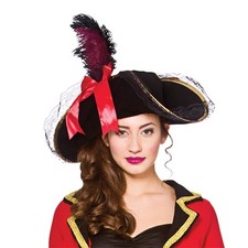 Ladies DELUXE PIRATE HAT + Feather Red Ribbon Fancy Dress Buccaneer Hat Bow 9128