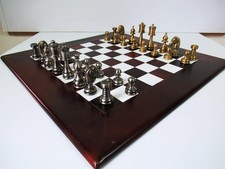 VINTAGE BRASS CHESS SET K73mm BY ITALFAMA  AND LEATHER  FLAT CHESS BOARD
