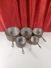 Set Of 5 Vintage French Copper Pans With Riveted Brass Handles