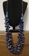 Wooden Chunky Clustered Loop Necklace Brown and Blue Wood Beads Boho Hippie