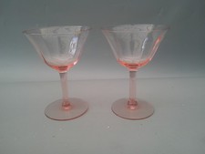 Pair Pink Art Deco deco hand blown champagne saucers cocktail glasses
