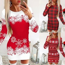 Christmas Women Long Sleeve Mini Dress Ladies Xmas Party Bodycon T Shirt Dresses